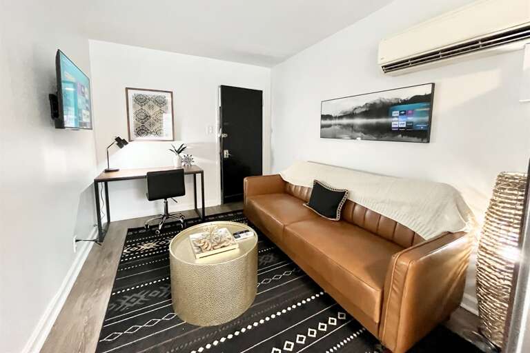 Designated work space and flat screen TVs 