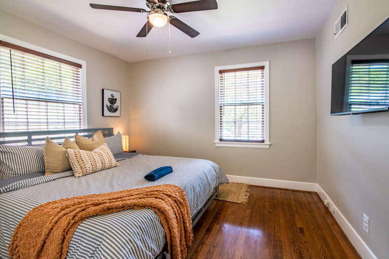 Topped with plush pillows, warm comforter, and a throw blanket. It is time to cuddle up and enjoy your favorite shows.