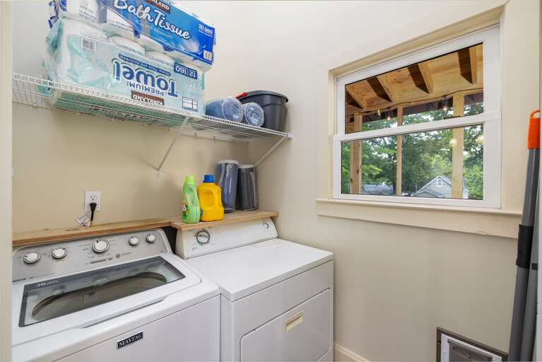 Your home includes a well-stocked laundry room with a washer, dryer, and all the necessary supplies, making it convenient for you to keep your clothes fresh and clean during your stay.