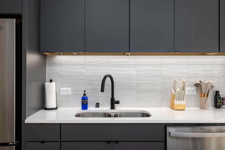 Attention to detail—the kitchen sink area is designed with sleek, modern fixtures, blending function and aesthetics seamlessly.