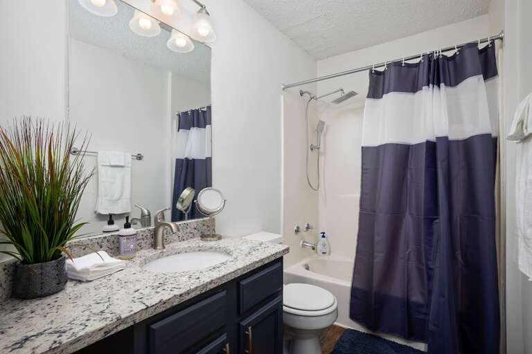Stylish bathroom with granite counters, a double vanity, and a decorative plant for a fresh touch. Stylish bathroom with granite counters, a double vanity, and a decorative plant for a fresh touch.