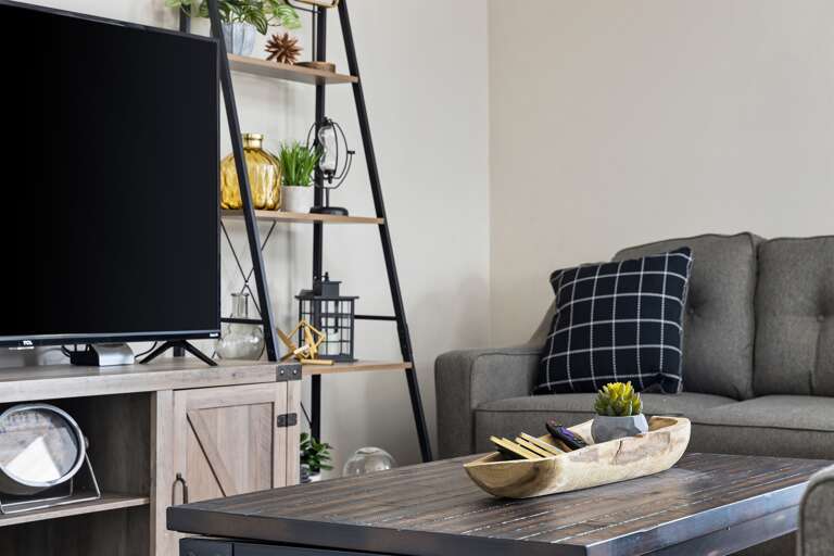 Close-up of the entertainment area, featuring decorative shelving and a flat-screen TV.