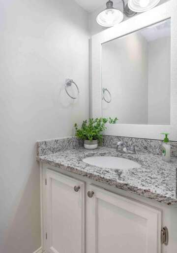 Modern bathroom featuring a sleek granite countertop, stylish fixtures, and fresh greenery. Modern bathroom featuring a sleek granite countertop, stylish fixtures, and fresh greenery.