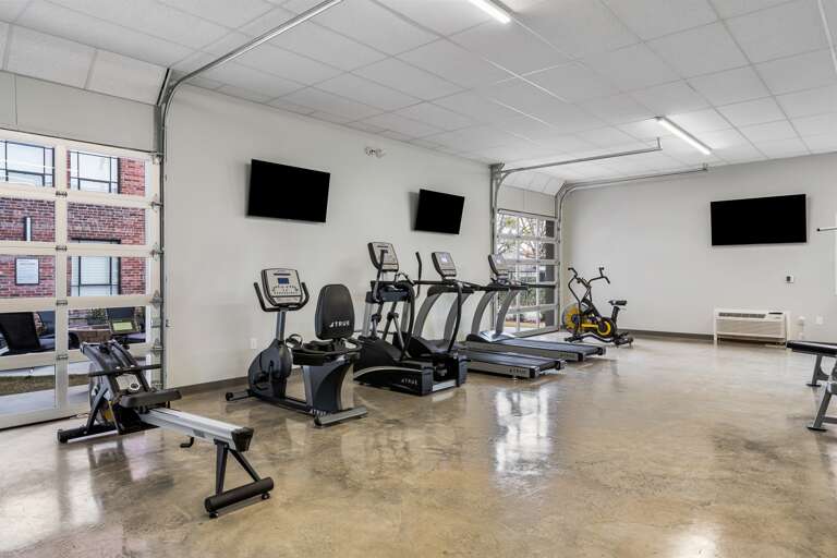 Well-appointed gym with a variety of equipment, including treadmills, weight machines, and free weights. 