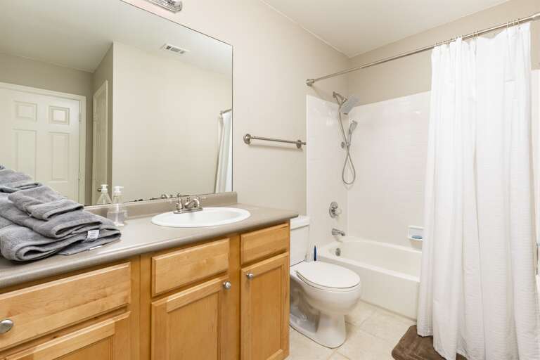 Master Bathroom: Spacious and well-appointed master bathroom with a sleek shower-tub combination.