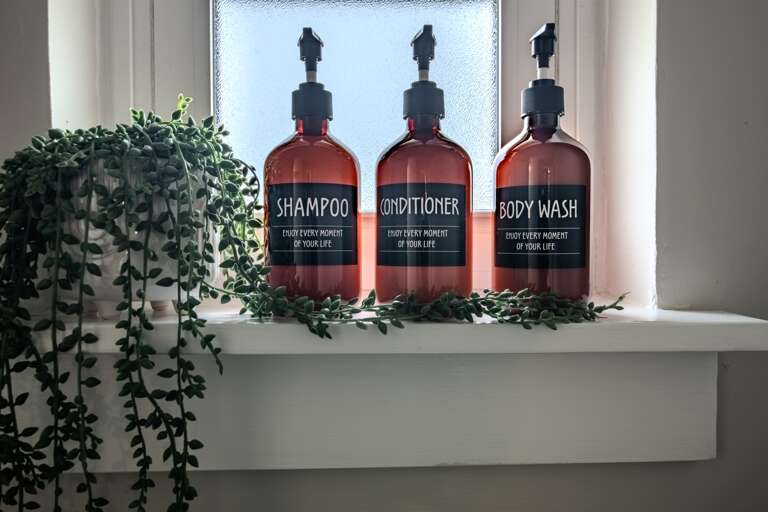 Chic window sill adorned with vibrant greenery and shower condiment bottles.