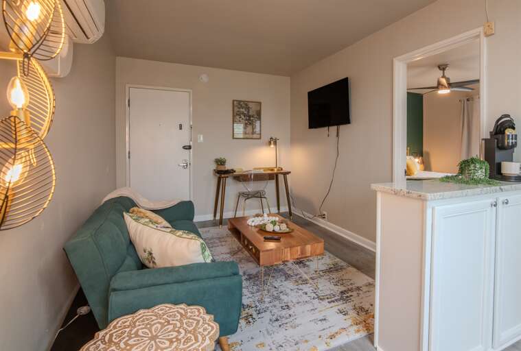 Open layout from living room to kitchen, featuring modern decor and cohesive design.