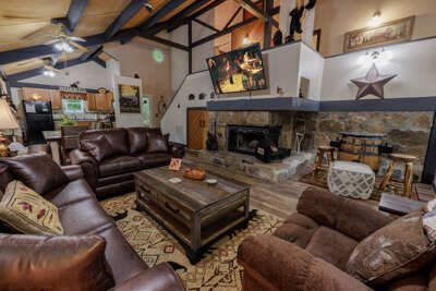 Misty Mountain Hop - Living Area with Wood Burning Fireplace, Sleeper Sofa and Reclining Chair