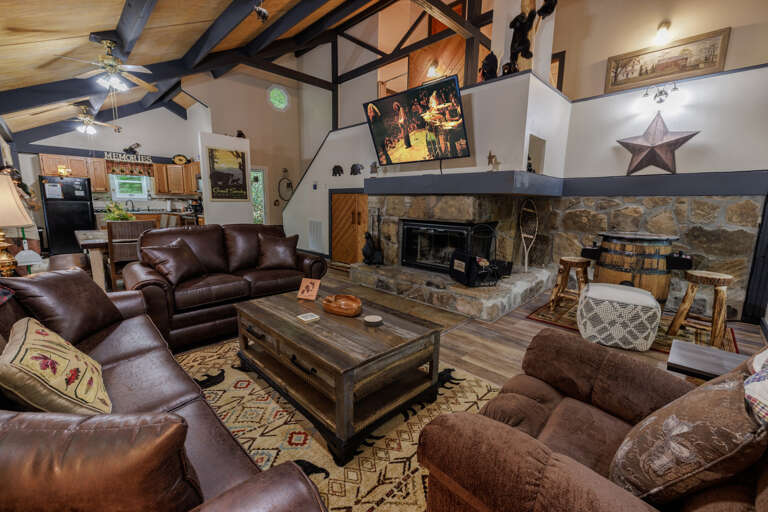 Misty Mountain Hop - Living Area with Wood Burning Fireplace, Sleeper Sofa and Reclining Chair Misty Mountain Hop - Living Area with Wood Burning Fireplace, Sleeper Sofa and Reclining Chair