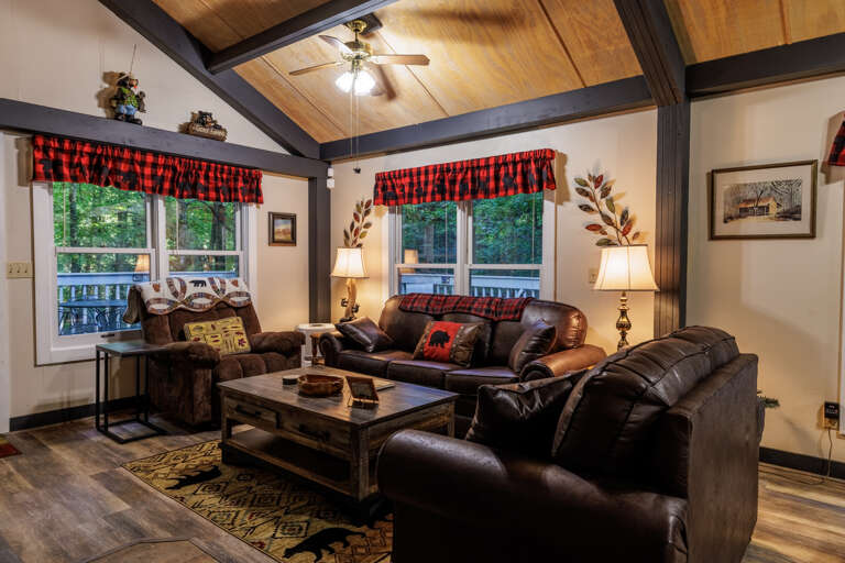 Misty Mountain Hop - Living Area with Wood Burning Fireplace, Sleeper Sofa and Reclining Chair