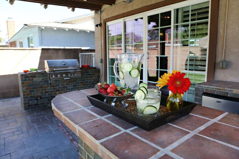 Patio Scene With Pitcher And Glasses, Barbecue Grill, Bright Blossoms Patio Scene With Pitcher And Glasses, Barbecue Grill, Bright Blossoms