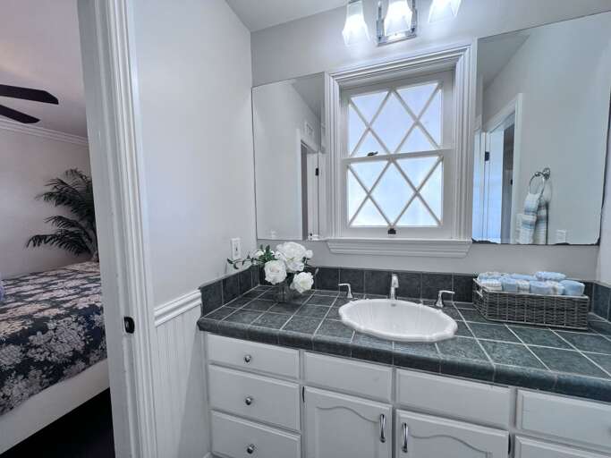 Bright Bathroom With White Cabinetry And Black Countertops Bright Bathroom With White Cabinetry And Black Countertops
