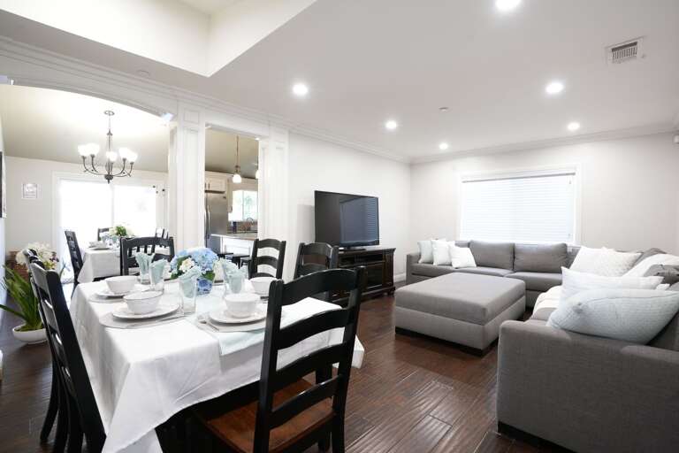 View from the Living Room and Dining Area into the Kitchen