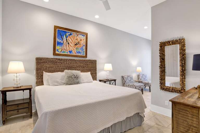 Only bedroom on main level. Features king bed and full size bath.