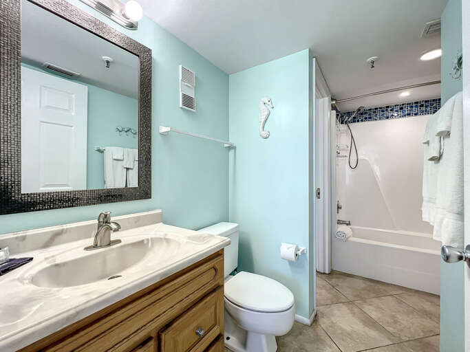 Vanity with storage. Shower tub combination.