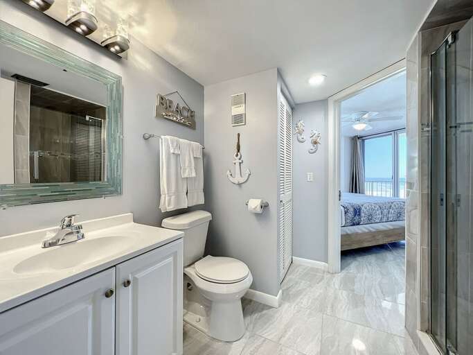 Vanity with storage. Closet for extra storage.