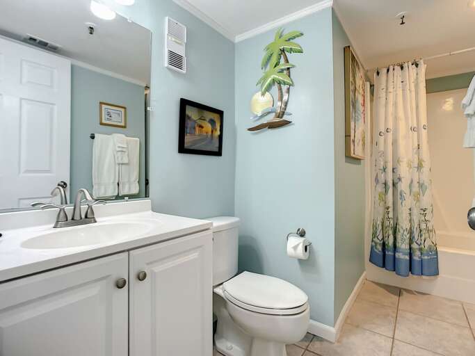 Vanity with storage and toilet. Access from main room.