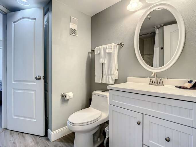 Vanity and closet for storage.