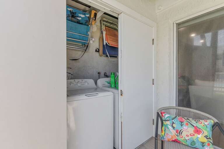 Enjoy added convenience during your beach stay with private patio access to laundry facilities and beach gear storage—perfect for easy, stress-free coastal vacations.