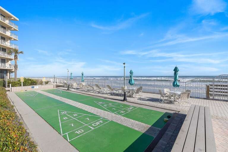 Add some fun to your beach stay with oceanfront shuffleboard courts overlooking the Atlantic, plus nearby seating for relaxing between games while enjoying the fresh sea breeze and coastal views.