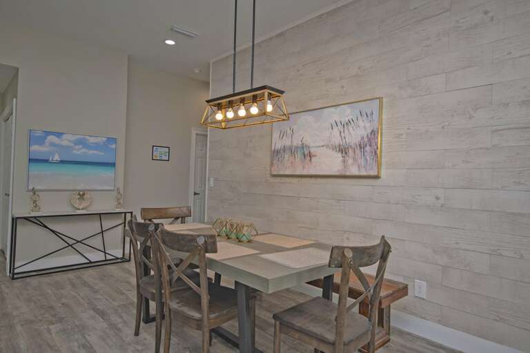 Cozy dining area with rustic charm and warm lighting