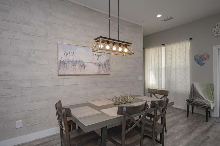 Cozy dining area with rustic charm and warm lighting