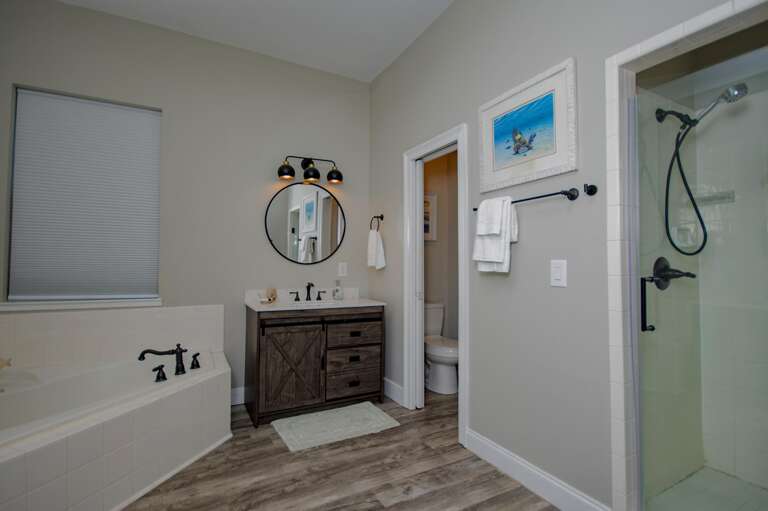 Spa-like bathroom with soaking tub and modern walk-in shower