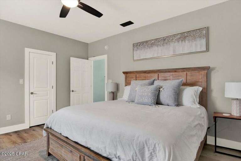 Cozy bedroom retreat with rustic wood accents and soft lighting