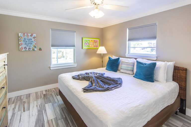 Bright and cozy bedroom with modern coastal decor
