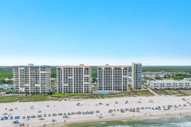 Summer House from the South.  Building B is in the middle with Building A on the right with the pool in front.