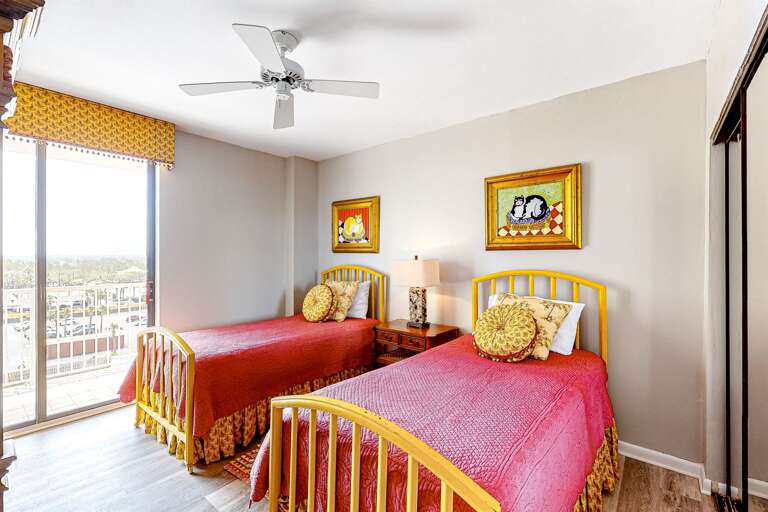 Photo needs to be updated.  Twin beds replaced with a Twin over Double Bunk Bed.  West Sliding Glass Door access to the balcony.