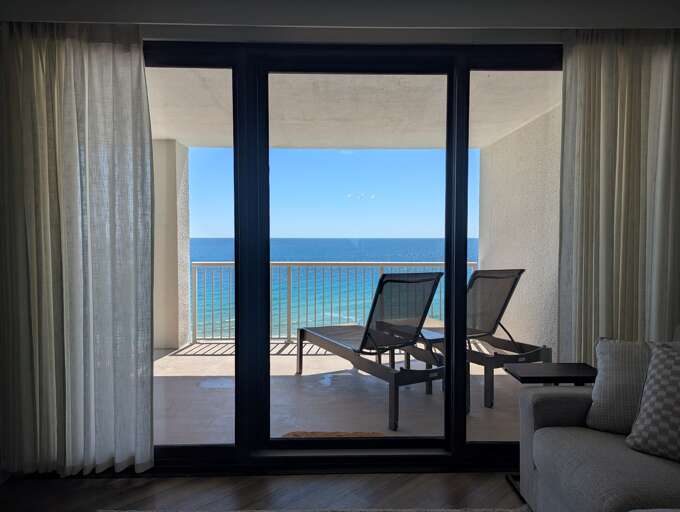 Great views!  This is from the Living Room.  Please note the brand new sliding glass doors!