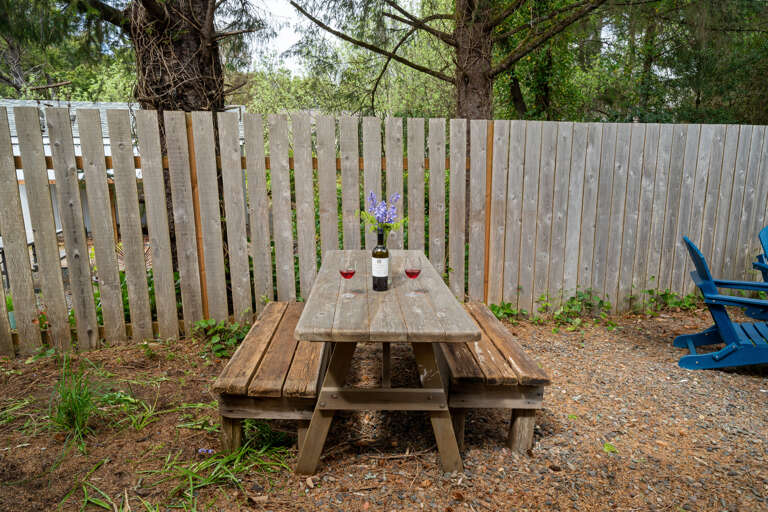 Backyard area with firepit and picnic table Backyard area with firepit and picnic table