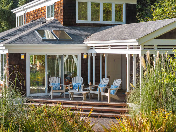 Outdoor lounge area on the front deck. 