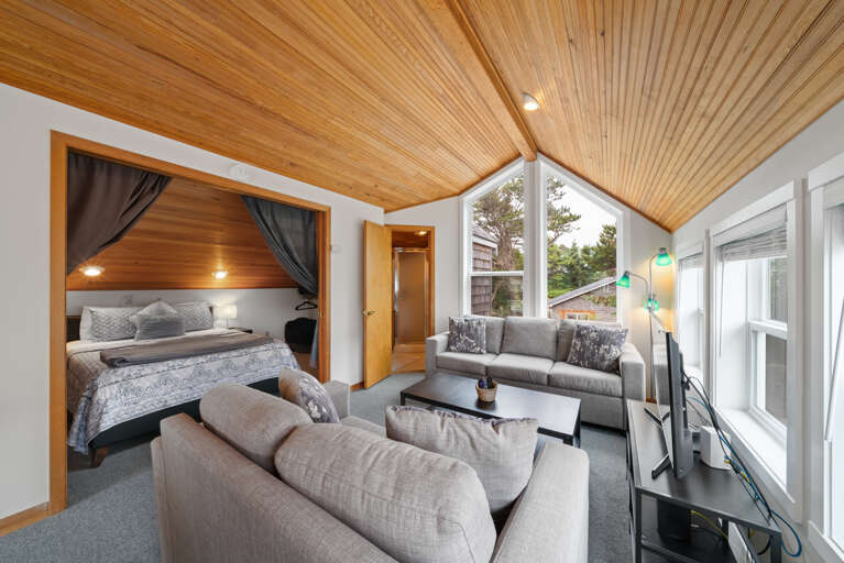 4th floor bedroom with queen bed and queen sofa bed in the loft/office area and full bath with shower. 