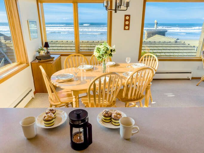 Dining room with seating for 6, ocean views and mountain views.