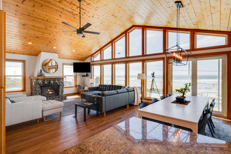 Living, dining area with seating at table for 8