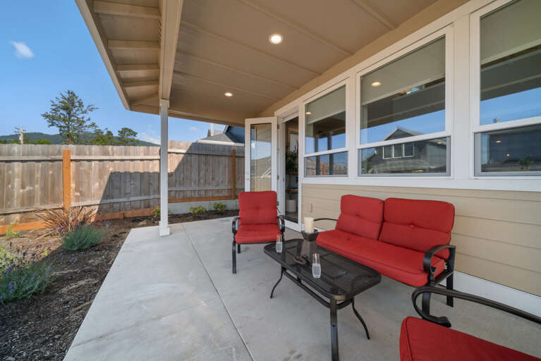 Confortable seating area outside in backyard