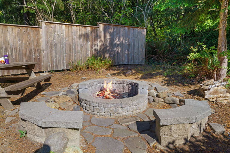 Backyard with Firepit and picnic table. 