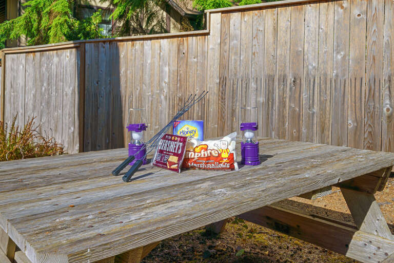 Backyard with Firepit and picnic table. 