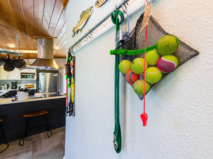 Entrance area with dog leashes, balls, water bowl, dog towels and sheets.  Entrance area with dog leashes, balls, water bowl, dog towels and sheets.