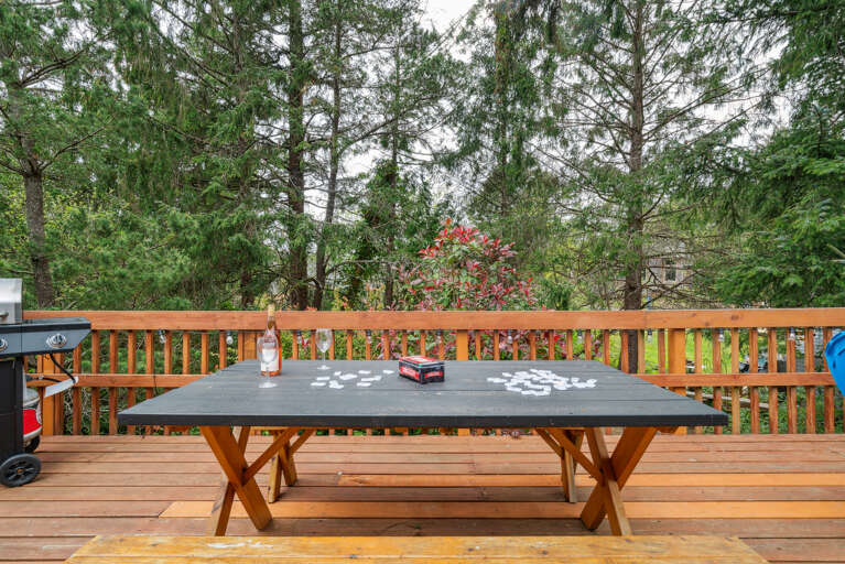 Back deck with picnic table. Perfect for puzzles, dominos etc. Adirondack chairs for lounging and gas BBQ for outdoor grilling. 