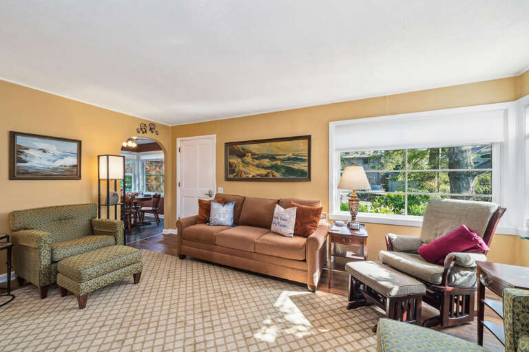 Living room with woodstove, DVD player, Smart TV sleeper sofa