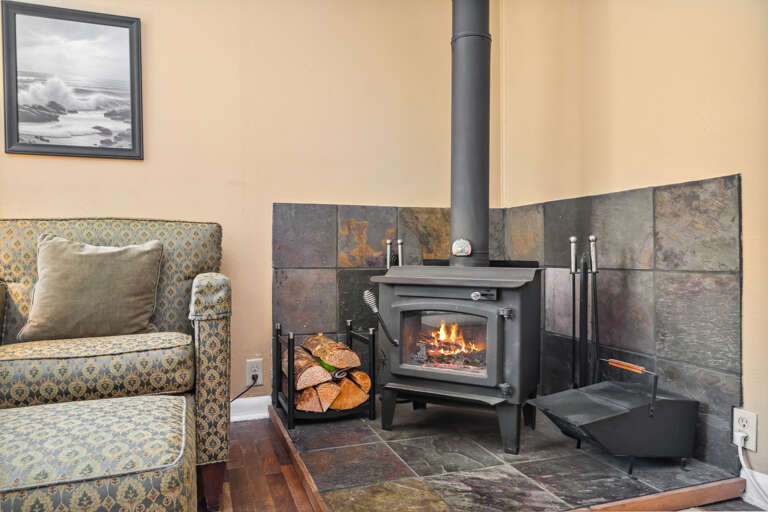 Living room with woodstove, DVD player, Smart TV sleeper sofa