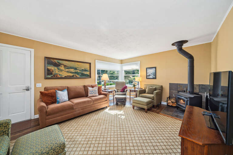 Living room with woodstove, DVD player, Smart TV sleeper sofa