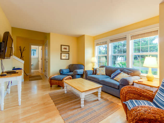 Living room with gas fireplace, streaming TV, DVD player.