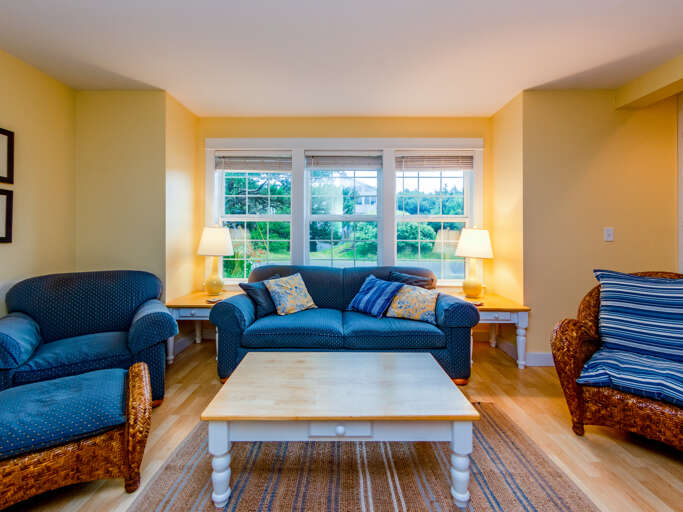 Living room with gas fireplace, streaming TV, DVD player.
