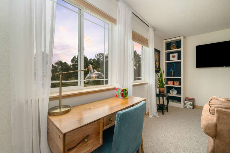 Master bedroom with lounging couch, streaming Tv, Desk space, walk in closet, and master bath with walk in shower. 