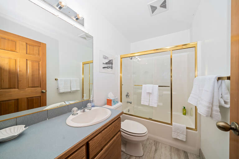 Downstairs full bath with shower tub combination. 