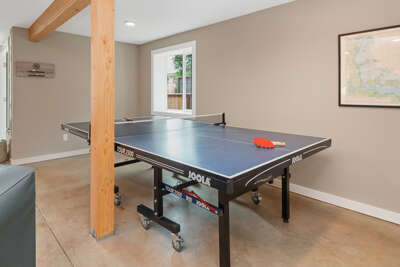 Family room with darts, ping pong, sleeper sofa, access to back yard with hot tub and firepit.
